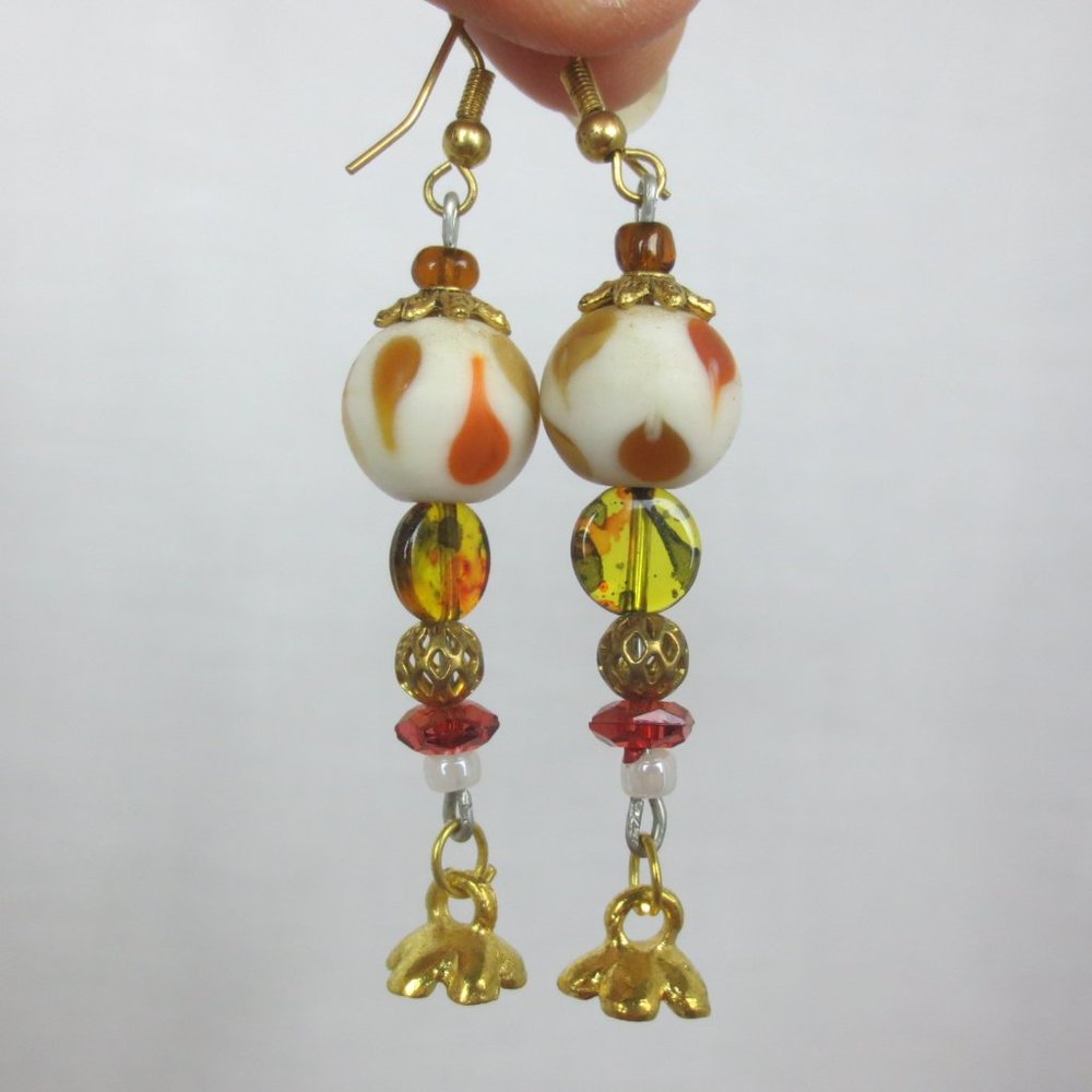 New Earthy Ceramic Goldtone Floral Dangle Earrings